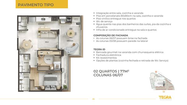 Planta 2 quartos 77 m²